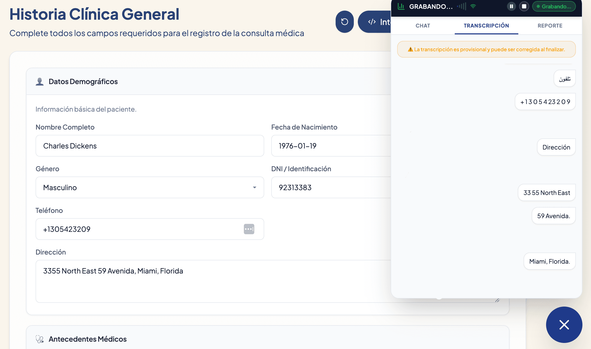 Public Clara Care product screenshot showing a clinical form beside the recording and transcription widget with sample information.
