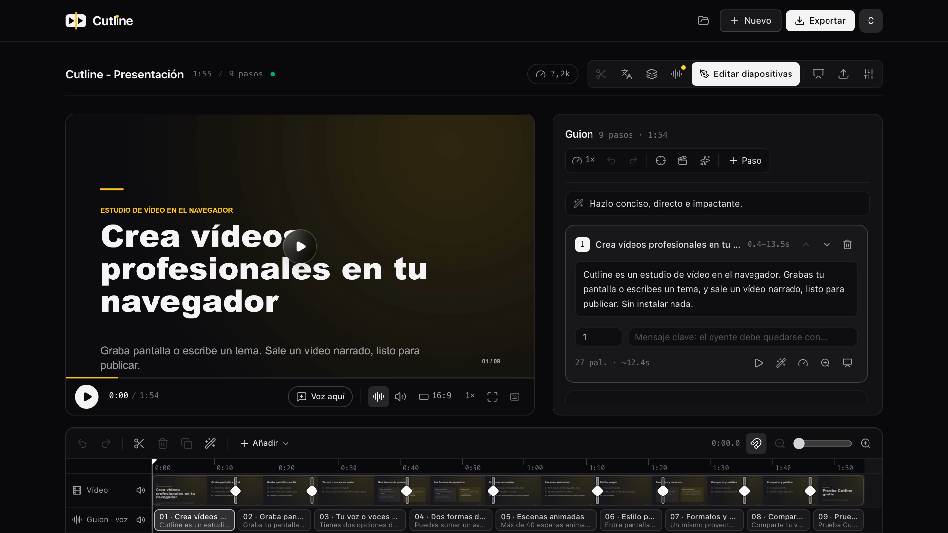 Cutline editor showing a video preview, script steps, editing controls, and a multitrack timeline.