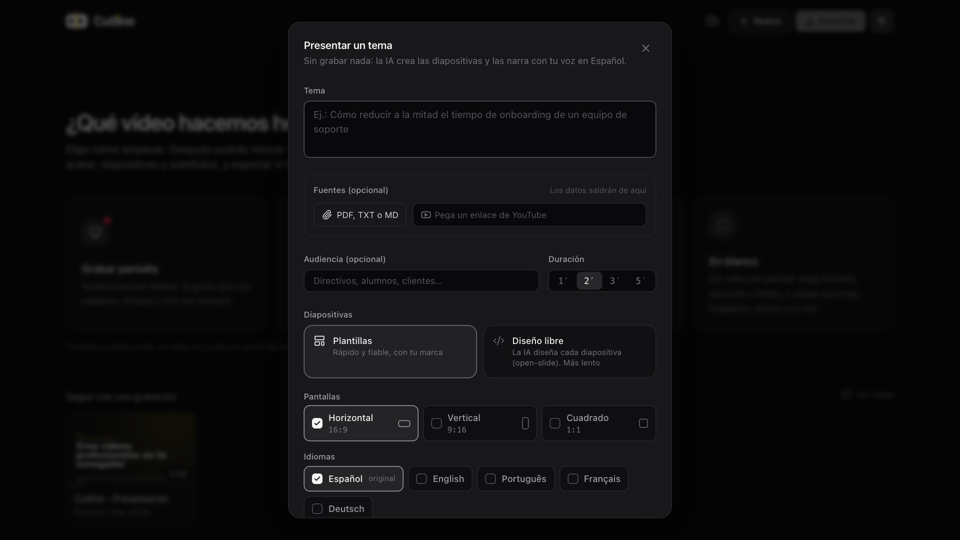 Cutline topic creation dialog with source, duration, slide format, aspect ratio, and language controls.
