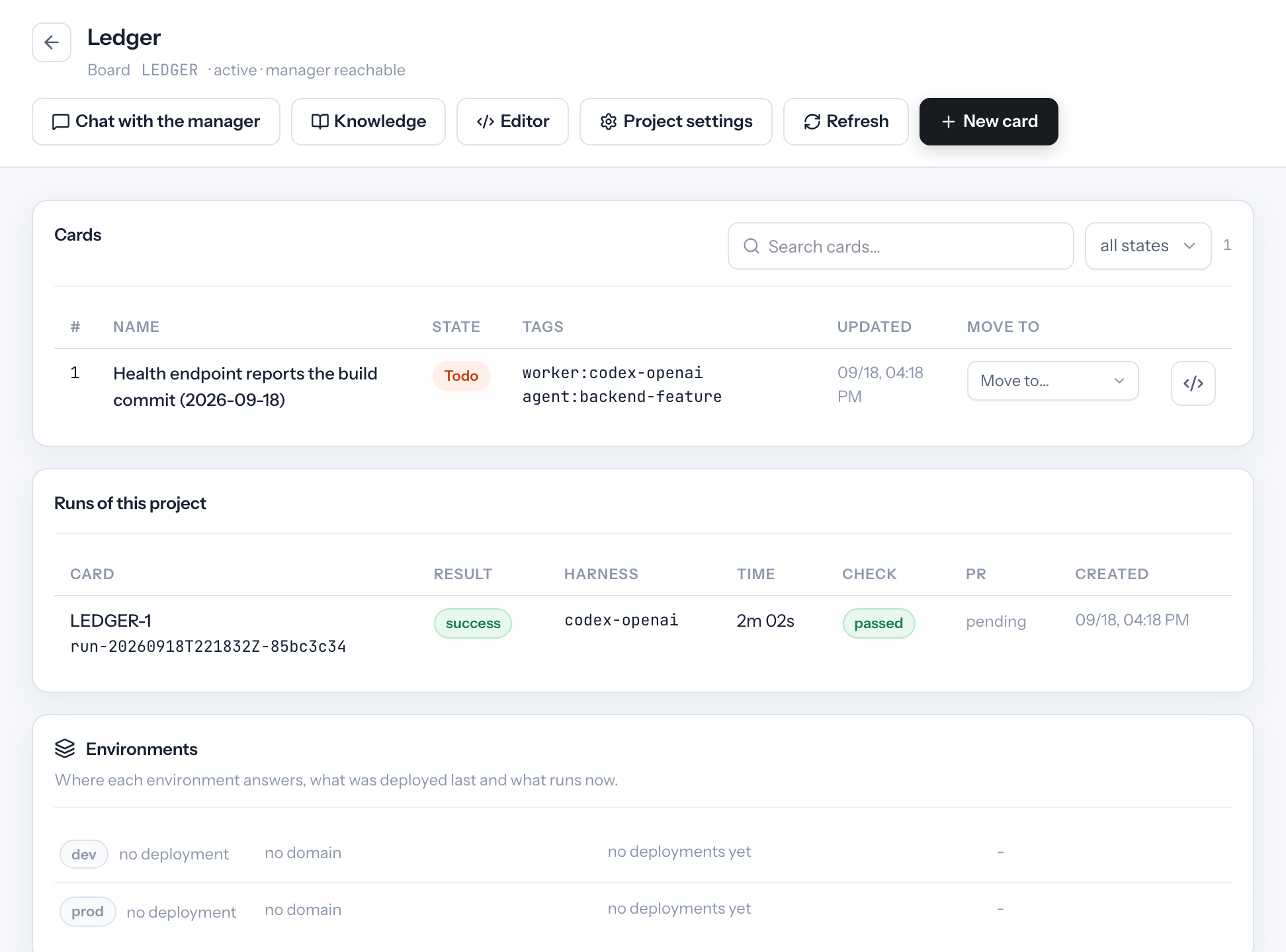 Forge task board with run history and verification status