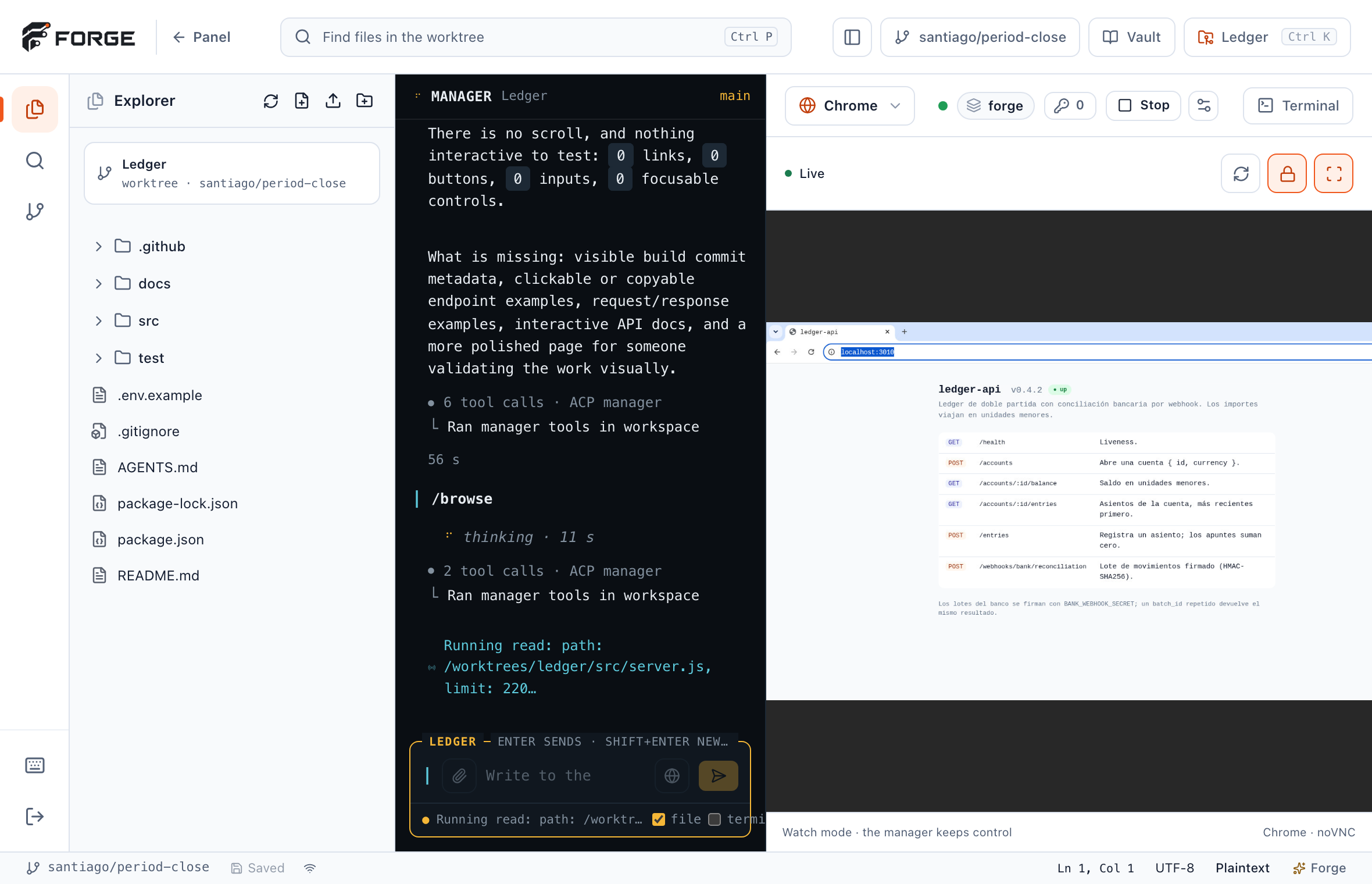 Forge editor with project files, manager conversation and a live browser preview.