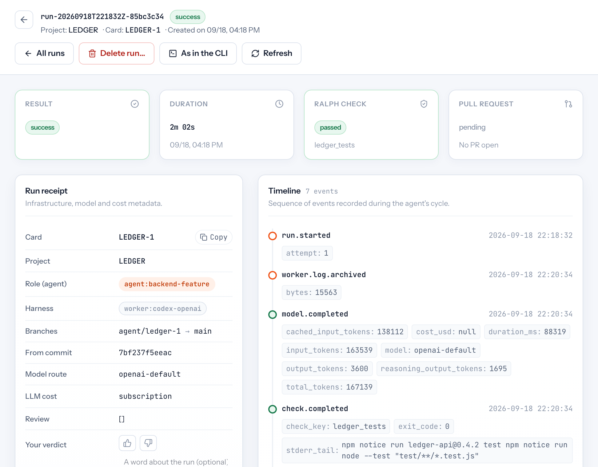 Forge execution detail showing the run receipt, allowed check result, and timeline of agent events.