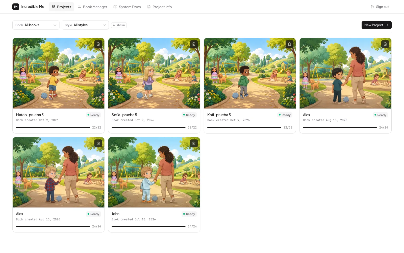 Incredible Me project library: the same illustrated park scene personalized with six different children.